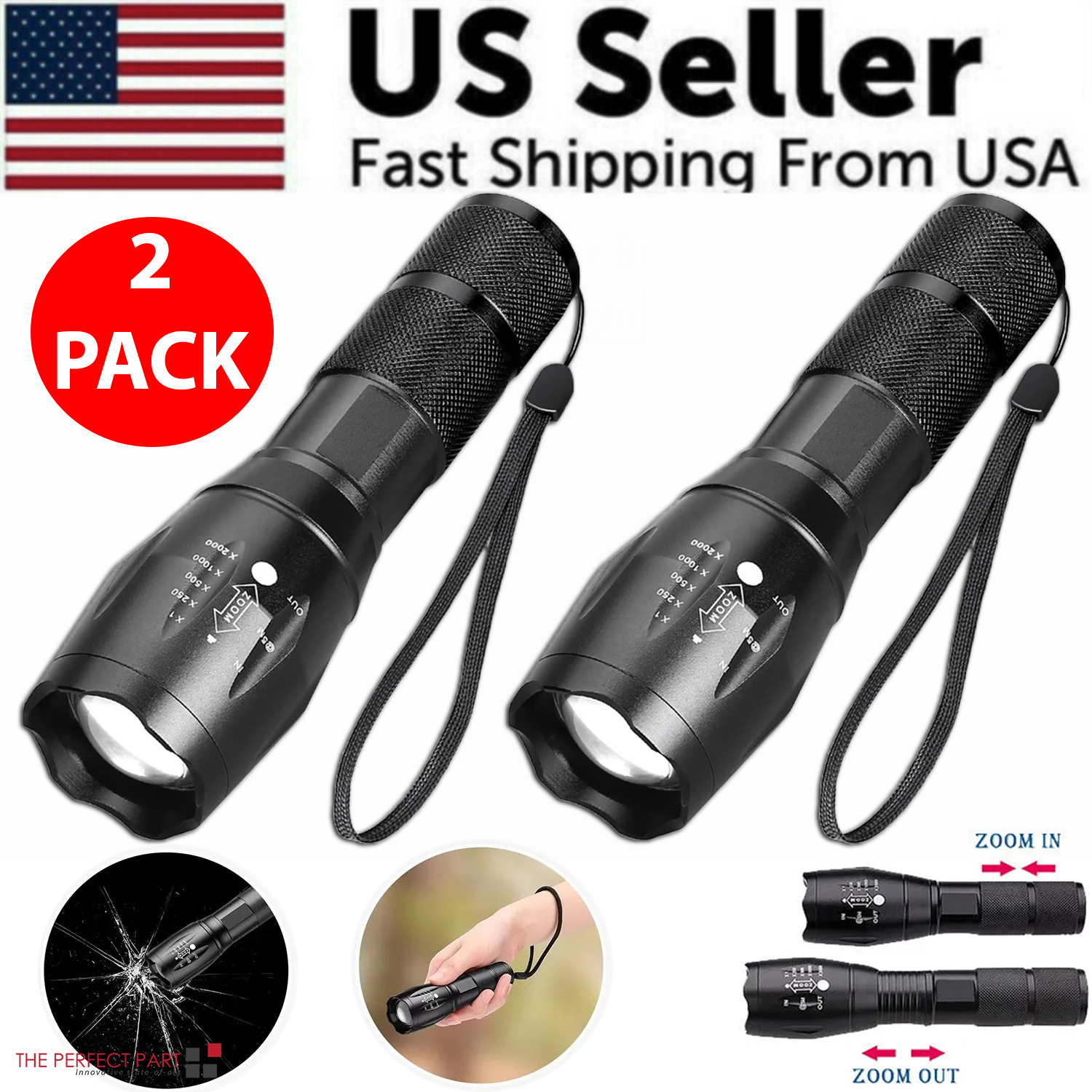 Two black flashlights with zoom capabilities on a white background, labeled as a 2-pack from a US seller with fast shipping.