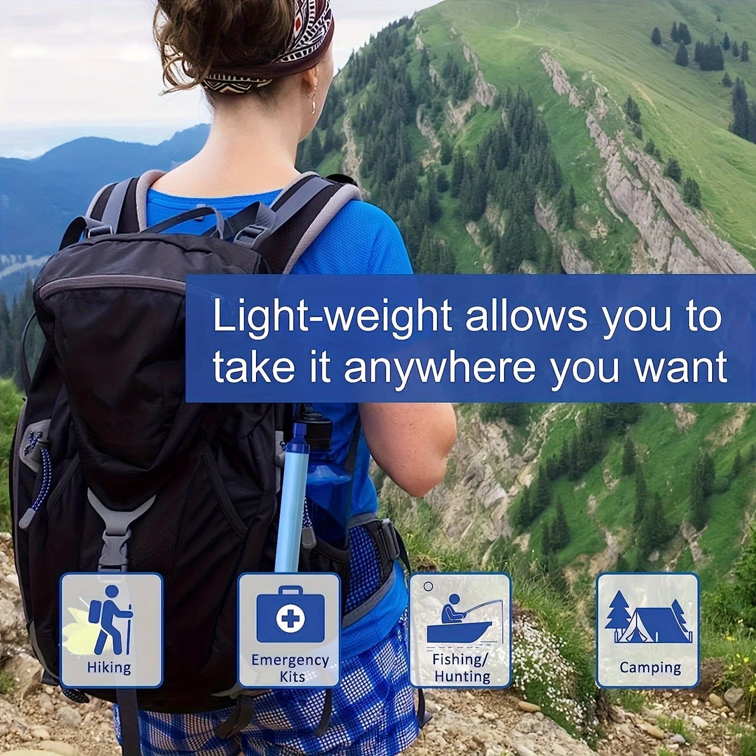 Person with a backpack and water bottle in a mountainous landscape, with text about lightweight equipment.
