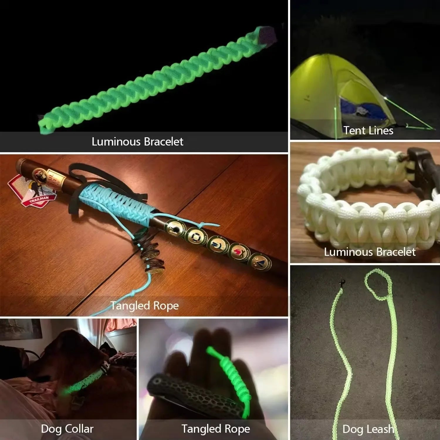 Collage of various glowing products including a bracelet, tent lines, and dog collars on a dark background.