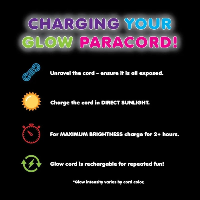 Instructions for charging glow paracord on a black background with colorful text.