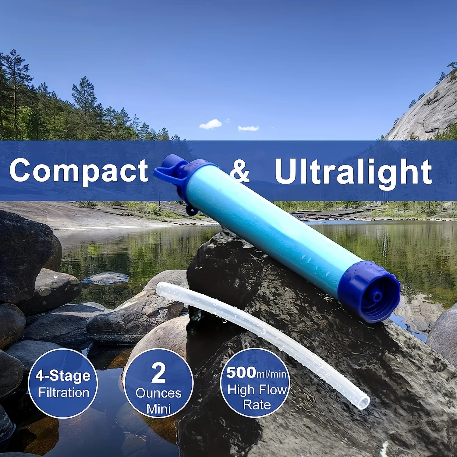 Water filtration system on a rock by a lake with text highlighting features.