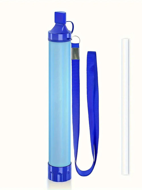 Blue water bottle with a strap and straw on a white background