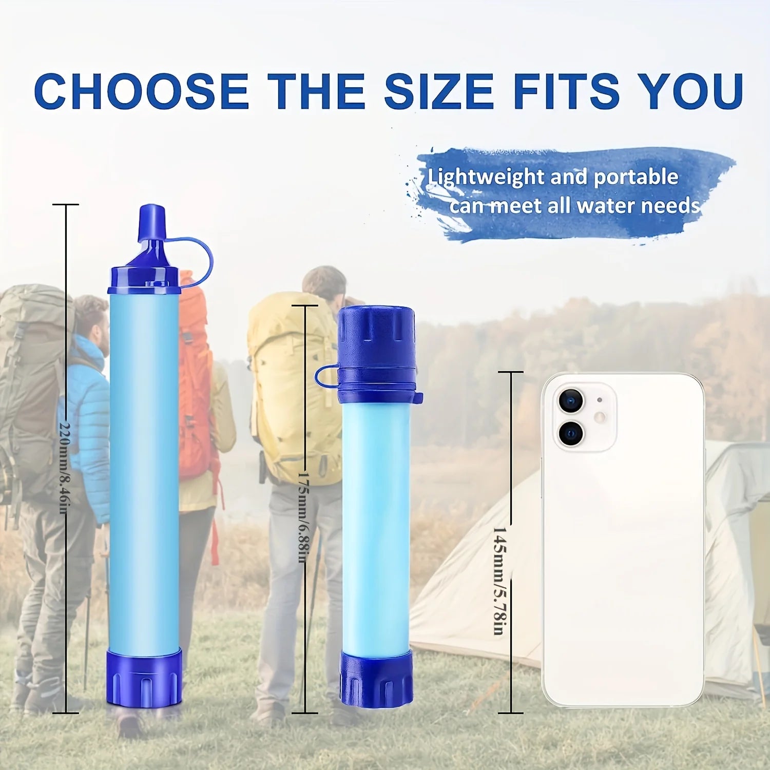 Water filter with size comparison to a phone and people in the background
